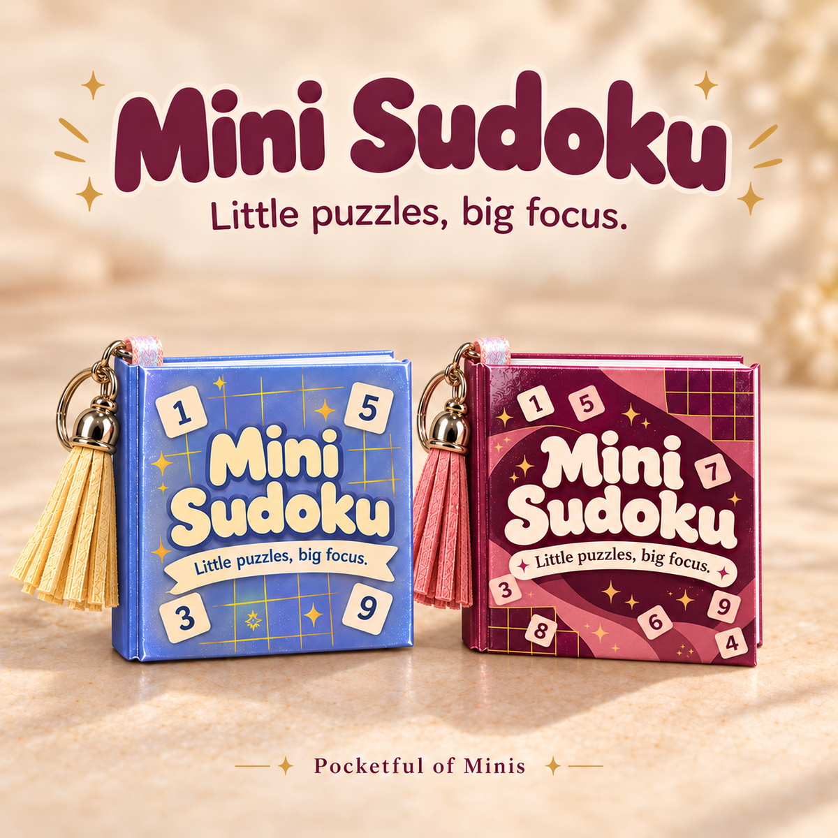 Mini Sudoku collection featuring periwinkle and rose-and-plum miniature puzzle keychain books with coordinating tassels beneath the M