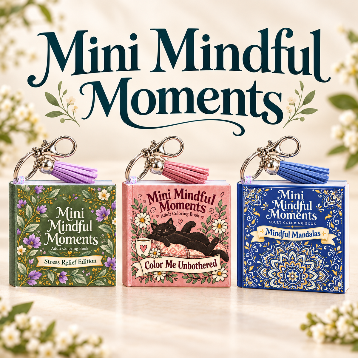 Mini Mindful Moments collection featuring three miniature adult coloring keychain books: Stress Relief, Color Me Unbothered, and Mindful Mandalas, with coordinating tassels.
