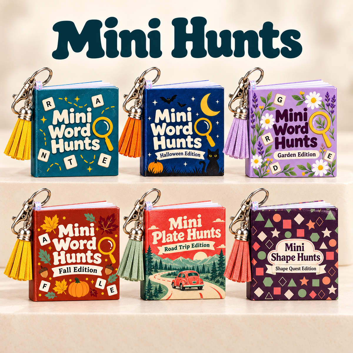 Mini Hunts collection featuring six miniature keychain puzzle books: Classic, Halloween, Garden, Fall, Road Trip, and Shape Quest, with coordinating tassels.