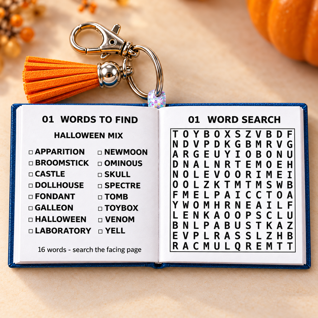 Mini Word Search Keychain Book — Moonlit Cat Edition