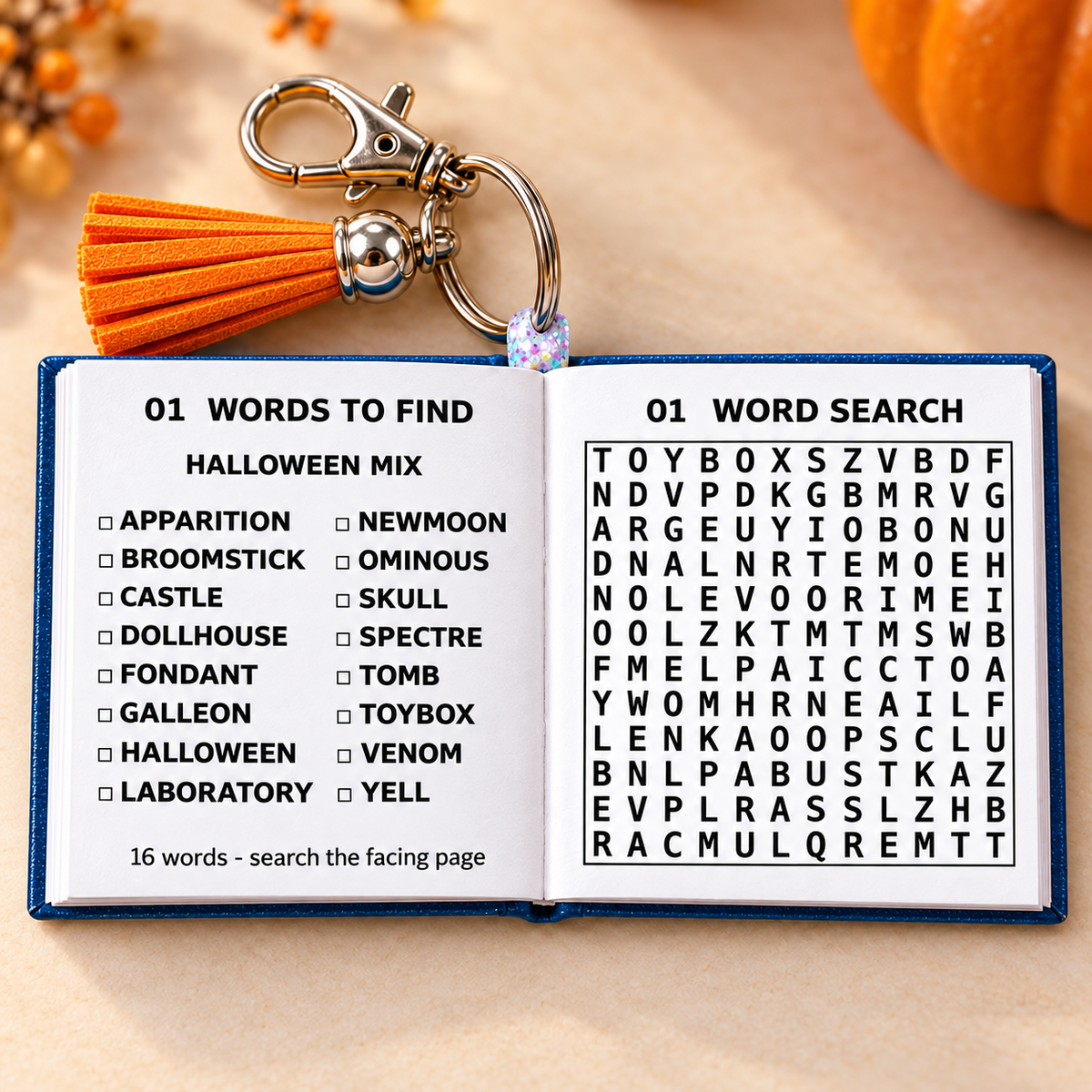 Mini Word Search Keychain Book — Moonlit Cat Edition