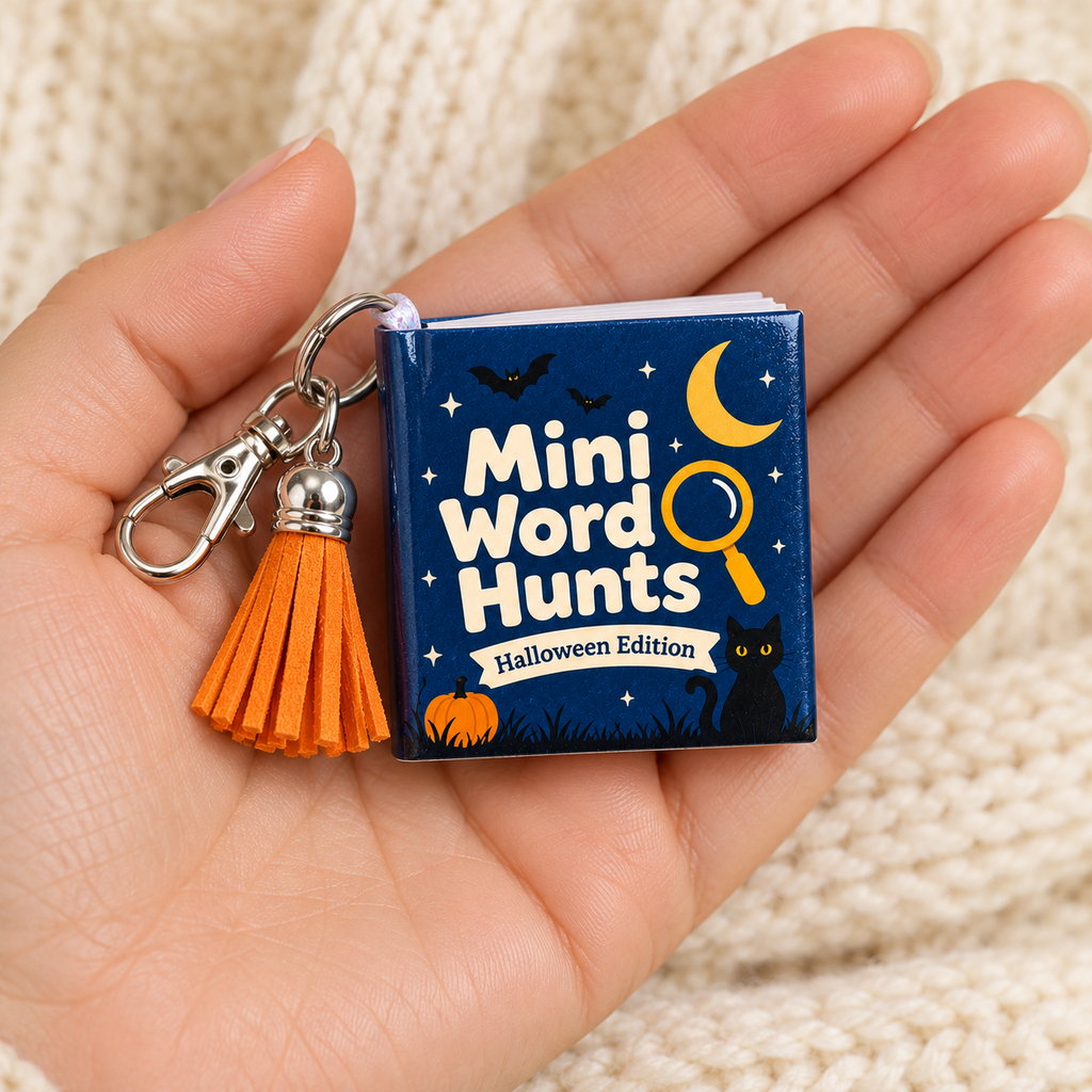 Mini Word Search Keychain Book — Moonlit Cat Edition