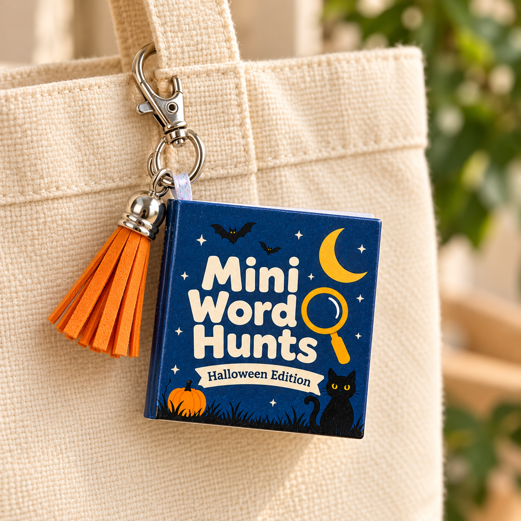 Mini Word Search Keychain Book — Moonlit Cat Edition
